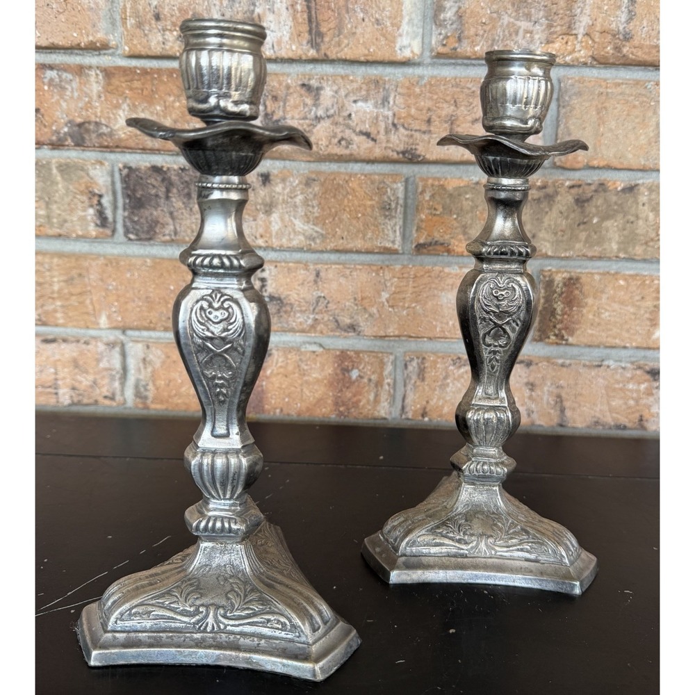 Vintage Ornate Metal Candlestick Holders Pair 9.5" Victorian Style Pewter Finish - Picture 2 of 8